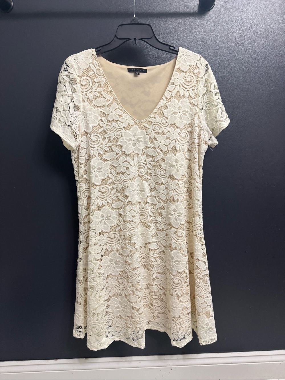 Tiana B. Cream Lace Short Sleeve V-Neck Dress